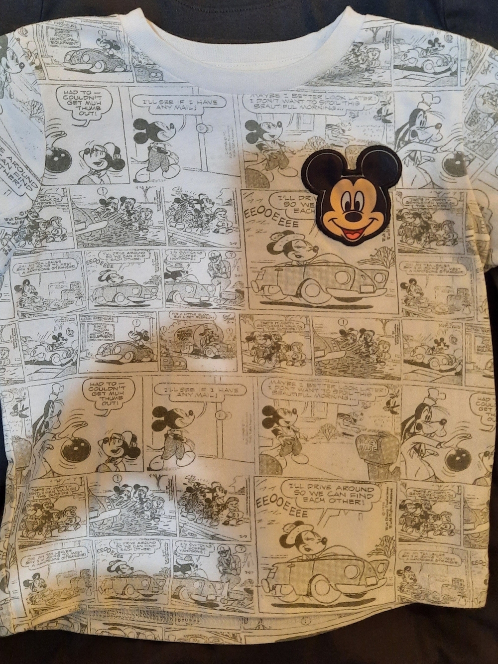 Disney White Tee with Black Comic Strip and Mickey Patch